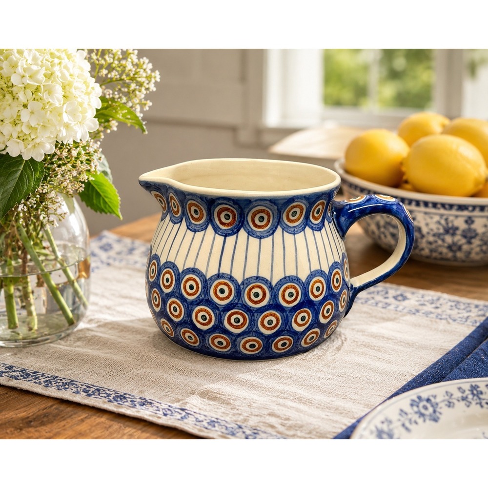 Vtg Polish Pottery Ceramic Pitcher Peacock Pattern